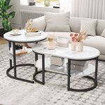 Dans les nuages - lot de 2 table basse gigogne, rond, ovale, avec 2 �tag�re, plateau de imitation effet ...