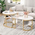 Dans les nuages - lot de 2 table basse gigogne, rond, ovale, avec 2 �tag�re, plateau de imitation effet ...