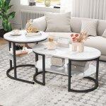 Dans les nuages - lot de 2 table basse gigogne, rond, ovale, avec 2 �tag�re, plateau de imitation effet ...