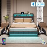 Dans les nuages - lit 140x190 cm, 2 places, avec 4 tiroirs, led, �tag�res, usb - a / c, sommier � lattes ...