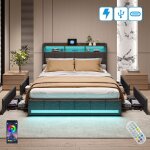 Dans les nuages - lit 140x190 cm, 2 places, avec 4 tiroirs, led, �tag�res, usb - a / c, sommier � lattes ...