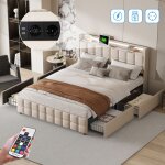 Dans les nuages - lit 140x200 cm, 2 places, avec 4 tiroirs de rangement, �clairage led, usb fonction ...