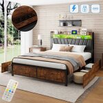 Dans les nuages - lit 160x200 cm, avec 4 tiroirs de rangement, led, usb - a / c charge, vintage, sommier ...