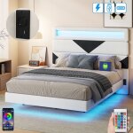 Lit adulte 140x190 cm, 2 places, avec led, usb - a / c, tte de lit  motif triangulaire rglable, sommier ...