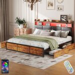 Dans les nuages - lit adulte 140x200 cm, avec 4 tiroirs, �clairage led, t�te de lit capitonn� en similicuir, ...