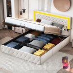 Dans les nuages - lit adulte 160x200 cm, avec �clairage led, rangement, t�te de lit capitonn� en boutons ...