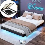 Dans les nuages - lit adulte 160x200 cm, avec led, sans t�te de lit, rangement, t�l�commande, app, sommier ...