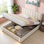 Dans les nuages - lit coffre 140x190 cm, 2 places, avec led � induction, espace de rangement, sommier ...