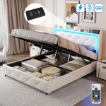 Dans les nuages - lit coffre 140x190 cm, 2 places, avec led, usb, boutons en cristal artificiel, rangement, ...