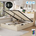 Dans les nuages - lit coffre 140x200 cm, 2 places, avec led, rangement, d�coration clout�e, sommier � ...