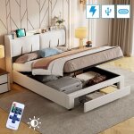 Dans les nuages - lit coffre 140x200 cm, 2 places, avec led, tiroirs, usb - a / c charge, rangement, ...