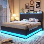 Dans les nuages - lit coffre capitonn 140x200 cm, avec clairage led, hydraulique de rangement, usb ...