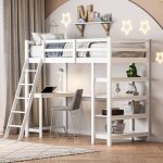 Dans les nuages - lit mezzanine 90x200 cm, avec bureau, escalier, étagère de rangement, sommier à lattes, ... Dans les nuages - lit mezzanine 90x200 cm, avec bureau, escalier, étagère de rangement, sommier à lattes, ...
