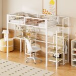 Dans les nuages - lit mezzanine 90x200 cm en mtal, avec bureau, armoire, tagre, escalier de rangement, ...