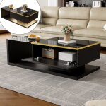 Dans les nuages - table basse fixe 100 cm avec rangement, table de salon en verre avec effet led - noir ...