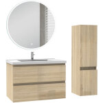Ocean ensemble de meuble salle de bain 79cm + miroir led rond + colonne 110cm, ch�ne haut brillant