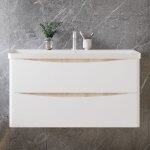 Ocean meuble de salle de bain suspendu 99 cm avec vasque, 2 tiroirs, blanc brillant et ch�ne