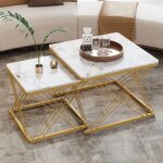 Okwish - lot de 2 table basse gigogne, tables carr�es aspect marbre brillant, pieds croiss�s dor�, 60x60x45 ...