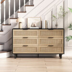 Commode en rotin  6 tiroirs, buffet de rangement de couleur chne, 130x40x75 cm