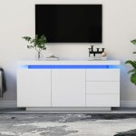Okwish - buffet blanc brillant avec 2 portes, 3 tiroirs et clairage led, 140x35x72, 5 cm