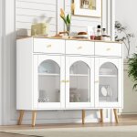 Buffet blanc et naturel, meuble de rangement avec 3 tiroirs et 3 portes incurvées en verre trempé, pour ... Buffet blanc et naturel, meuble de rangement avec 3 tiroirs et 3 portes incurvées en verre trempé, pour ...