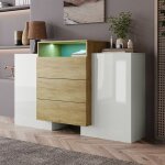 Okwish - buffet blanc brillant et couleur bois, meuble de rangement avec �clairage led, 100x30x78 cm