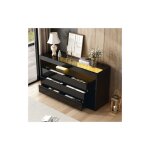 Buffet noir brillant, commode carr�e � 6 grands tiroirs, avec plateau en verre tremp� et conception � ...