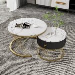 Okwish - ensemble de 2 tables basses gigognes blanche et noire, palcage de marbre, table ronde avec tiroirs ...