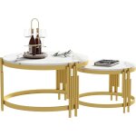 Okwish - lot de 2 table basse gigone, tables de salon rondes avec aspect marbre, 71. 5x71. 5x44 cm