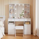 Okwish - grande coiffeuse blanche avec miroir, tabouret et �clairage led r�glable, 151x110x40 cm
