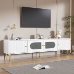 Okwish - meuble tv blanc, support tv, buffet bas avec portes vitrines et pieds dors, 180x35x44 cm