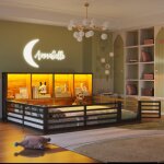Okwish - lit adulte 140x200 cm, lit double, lit au sol avec chevet de rangement, �clairage led et garde ...