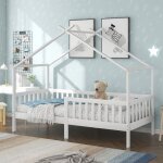 Lit cabane 90x200 cm, lit simple d'enfant avec barriéres de sécurité, en bois de pin, blanc, sans matelas ... Lit cabane 90x200 cm, lit simple d'enfant avec barriéres de sécurité, en bois de pin, blanc, sans matelas ...
