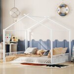 Lit enfnat 140x200 cm lit cabane, lit double avec barri�re de protection, structure en m�tal, blanc, ...