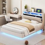Lit adulte 140x200 cm, lit double rembourr� avec ch�vet de rangement, prise usb et �clairage led, tissu ...
