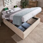 Lit coffre 160×200 cm lit double rembourré avec usb - c et sommier à lattes, tissu en lin, beige, sans ... Lit coffre 160×200 cm lit double rembourré avec usb - c et sommier à lattes, tissu en lin, beige, sans ...