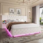Lit double 140x200 cm avec tte de lit, clairage led, port usb, systme de levage hydraulique et espace ...