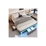 Okwish - lit double 160x200 cm, lit avec tiroirs, clairage led et sommier  lattes mtalliques, en cuir ...