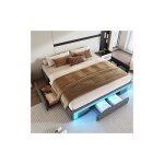 Okwish - lit double 180x200 cm, lit avec tiroirs, clairage led et sommier  lattes mtalliques, en cuir ...