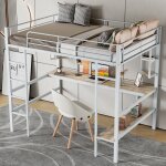 Lit mezzanine 90x200 cm, lit simple avec table, �tag�res et biblioth�que, en m�tal, blanc, sans matelas ...