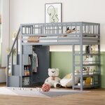 Lit mezzanine 90x200 cm, lit simple avec petite armoire, escalier de rangement et tagres, en bois massif, ...