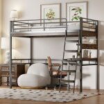 Lit mezzanine 90x200 cm, lit avec bureau, �tag�res, balustrade et �chelle, structure en fer, noir, sans ...