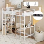 Lit mezzanine 90x200 cm, lit en fer avec bureau, prise usb, �tag�res, armoire de rangement, �chelle et ...