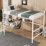 Lit mezzanine 90x200 cm, lit simple avec bureau en l et �tag�res, pour ados, enfant et adulte, en m�tal, ...