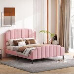 Lit rembourr 140x200 cm lit double avec tte de lit et sommier  lattes, en velours, rose, sans matelas ...