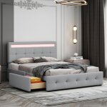 Okwish - lit rembourr 140 x 200 cm lit double plat avec led, sommier  lattes et coffre de lit sur roulettes, ...