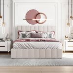 Lit coffre 140x200 cm, lit double avec tte de lit rglable et sommier  lattes en mtal, tissu en velours ...