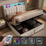 Lit coffre 160x200 cm lit double rembourr� lit adulte avec t�te de lit, led et charge usb, tissu en coton, ...