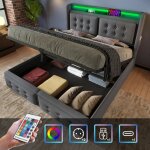 Lit coffre 180x200 cm lit double rembourré lit adulte avec tête de lit, led et charge usb, tissu en coton, ... Lit coffre 180x200 cm lit double rembourré lit adulte avec tête de lit, led et charge usb, tissu en coton, ...
