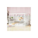 Okwish - lit simple 90x200 cm, lit enfant avec baldaquin, en bois massif, blanc, sans mateals